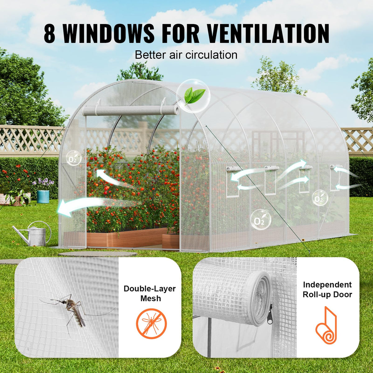VEVOR Walk-in Tunnel Greenhouse stakes and anchors ensure stability against wind.