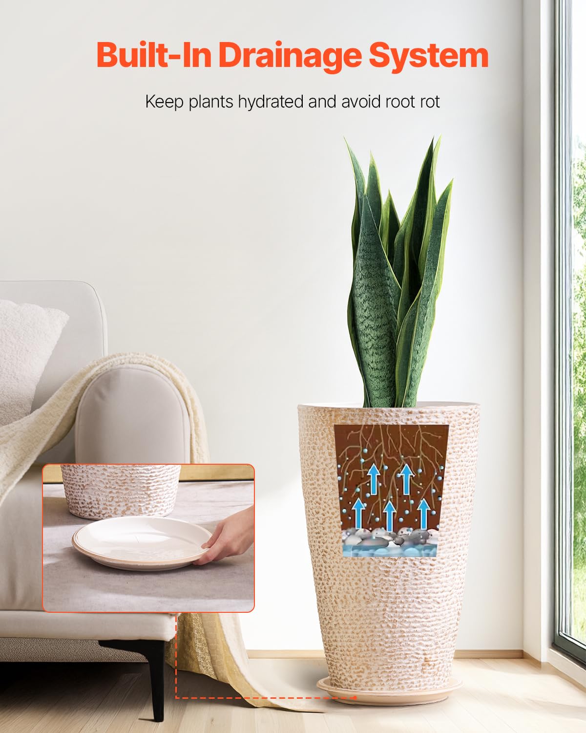 VEVOR stone-finish planter includes water tray to protect surfaces.