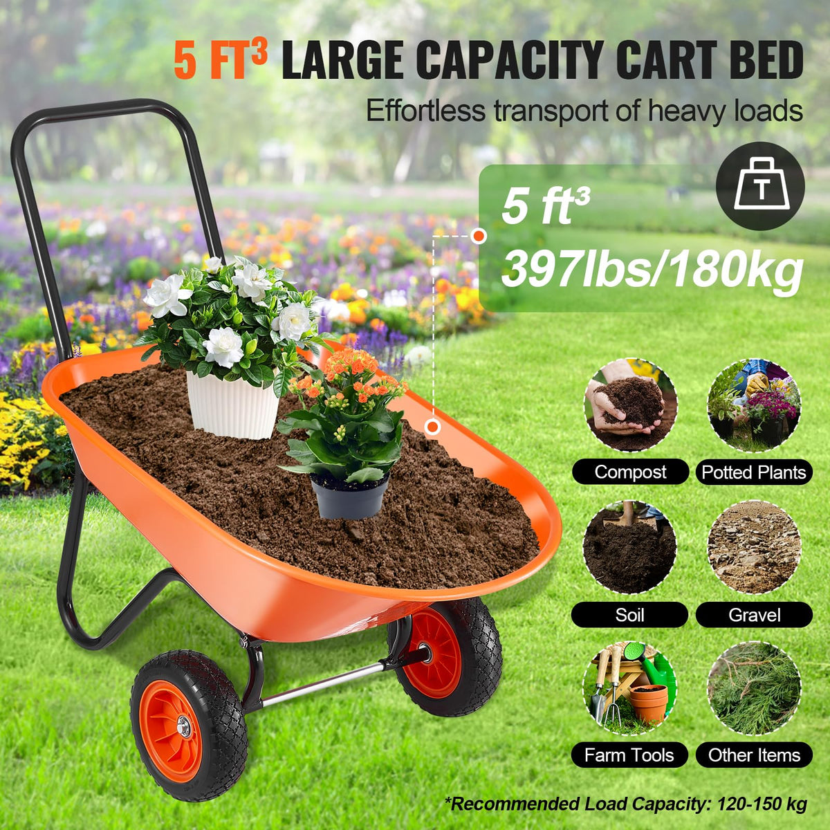 VEVOR Wheelbarrow Cart ten-inch wheels provide strong traction on uneven terrain.