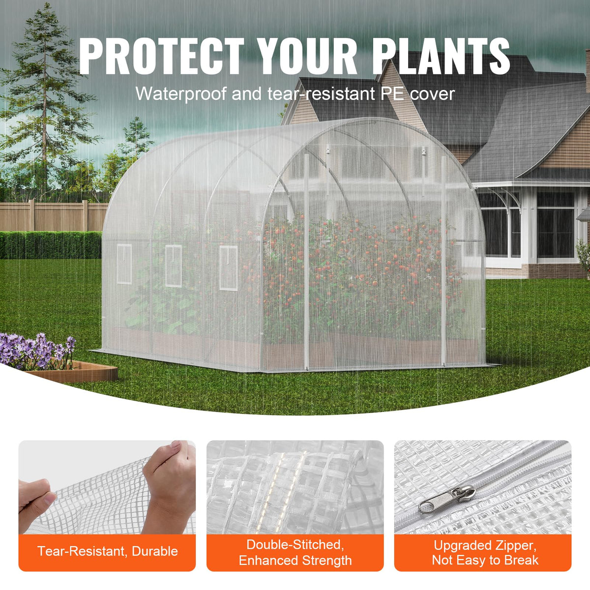 VEVOR white PE cover close-up highlights weather resistance and insulation