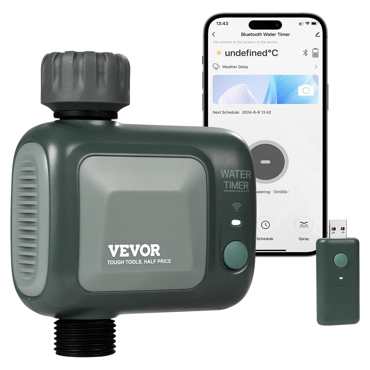 VEVOR WiFi sprinkler timer with brass inlet for durable outdoor irrigation.