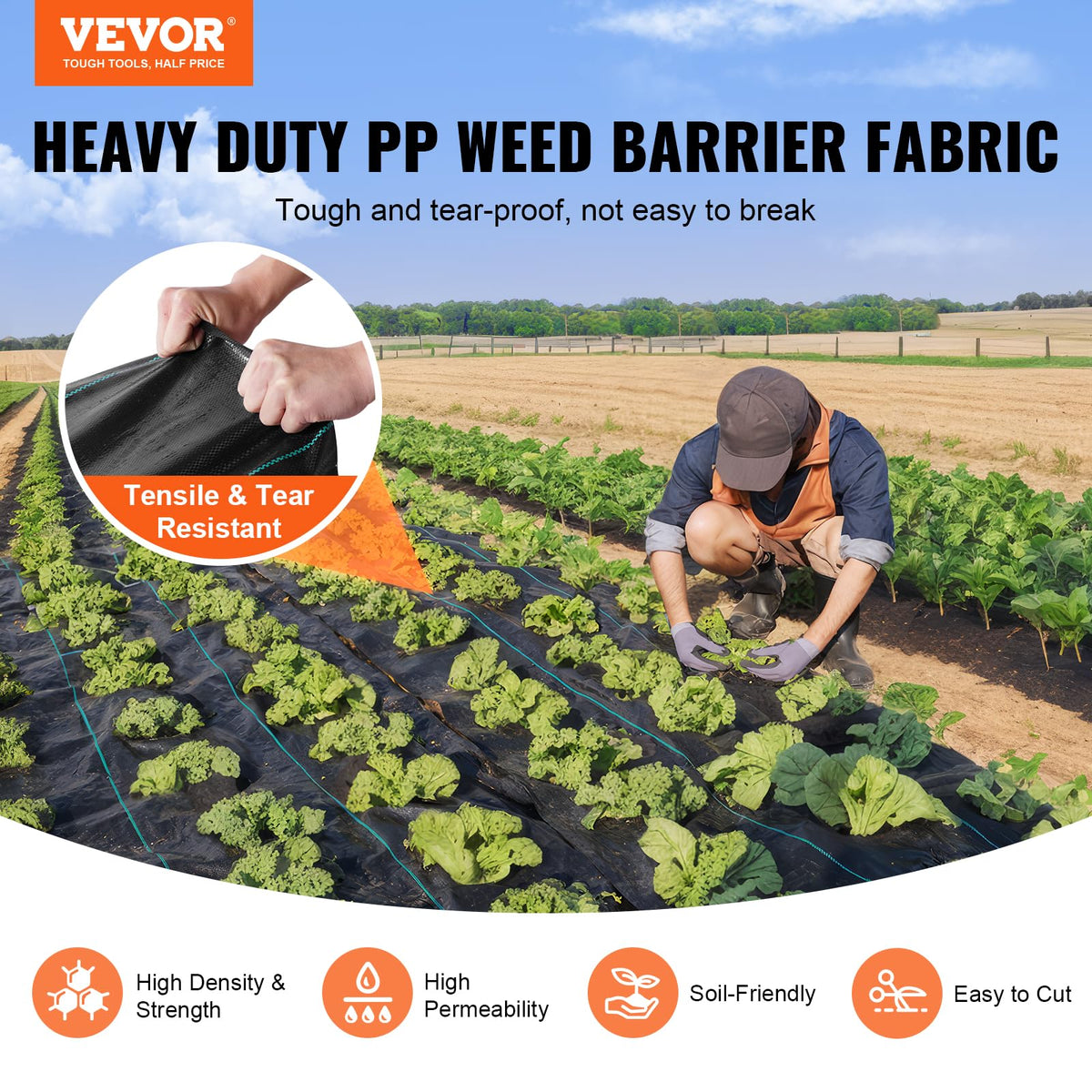 VEVOR woven PP fabric close-up shows sturdy weave for long-lasting weed control.