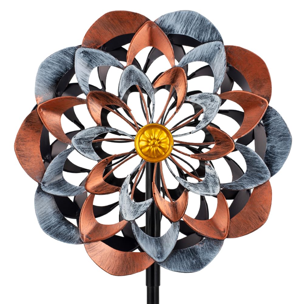 VEWOGARDEN 360° wind spinner close-up shows copper-toned floral design and sunlit shimmer