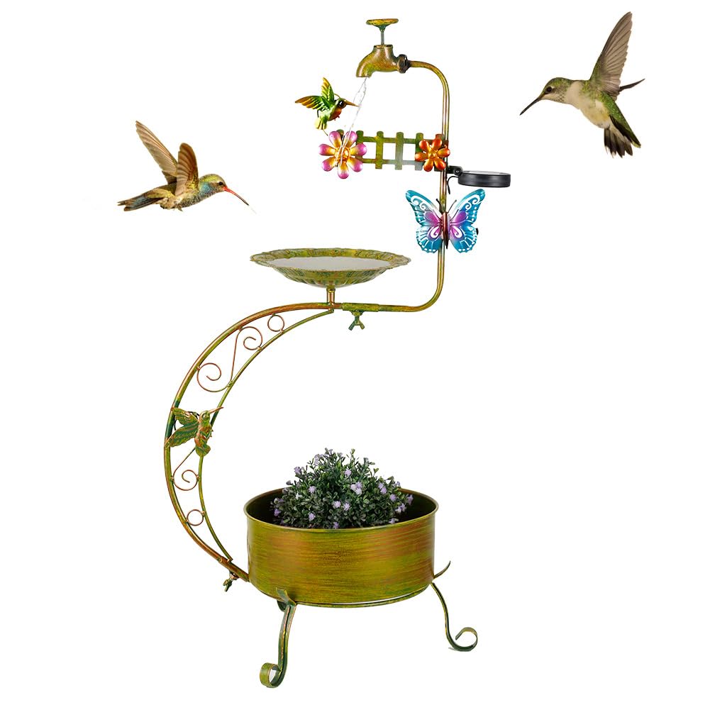 VEWOGARDEN bird bath with solar panel and lights for nighttime garden ambiance.