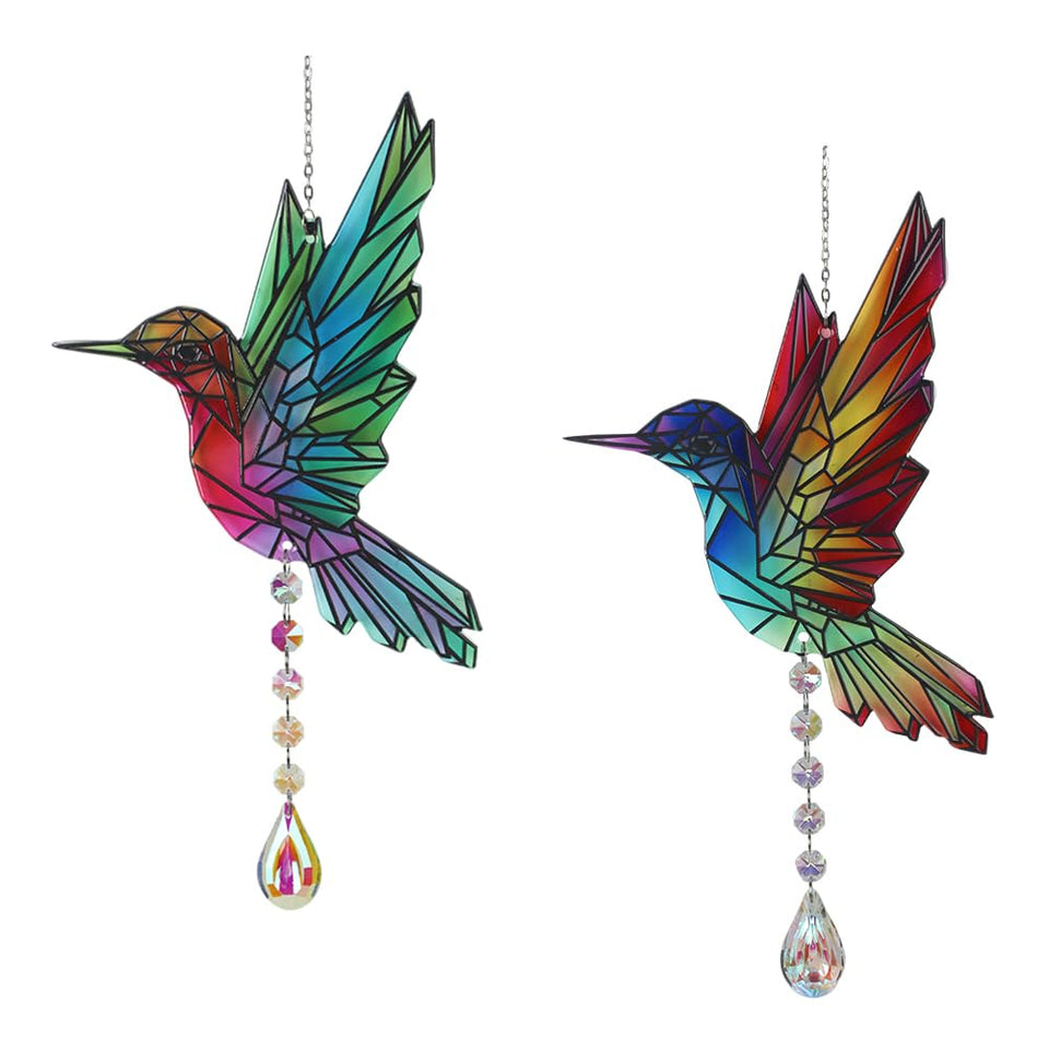 VEWOGARDEN hummingbird stained glass sun catcher with crystal beads catching sunlight