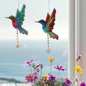 VEWOGARDEN hummingbird sun catcher with teardrop crystal pendant sparkles in window light