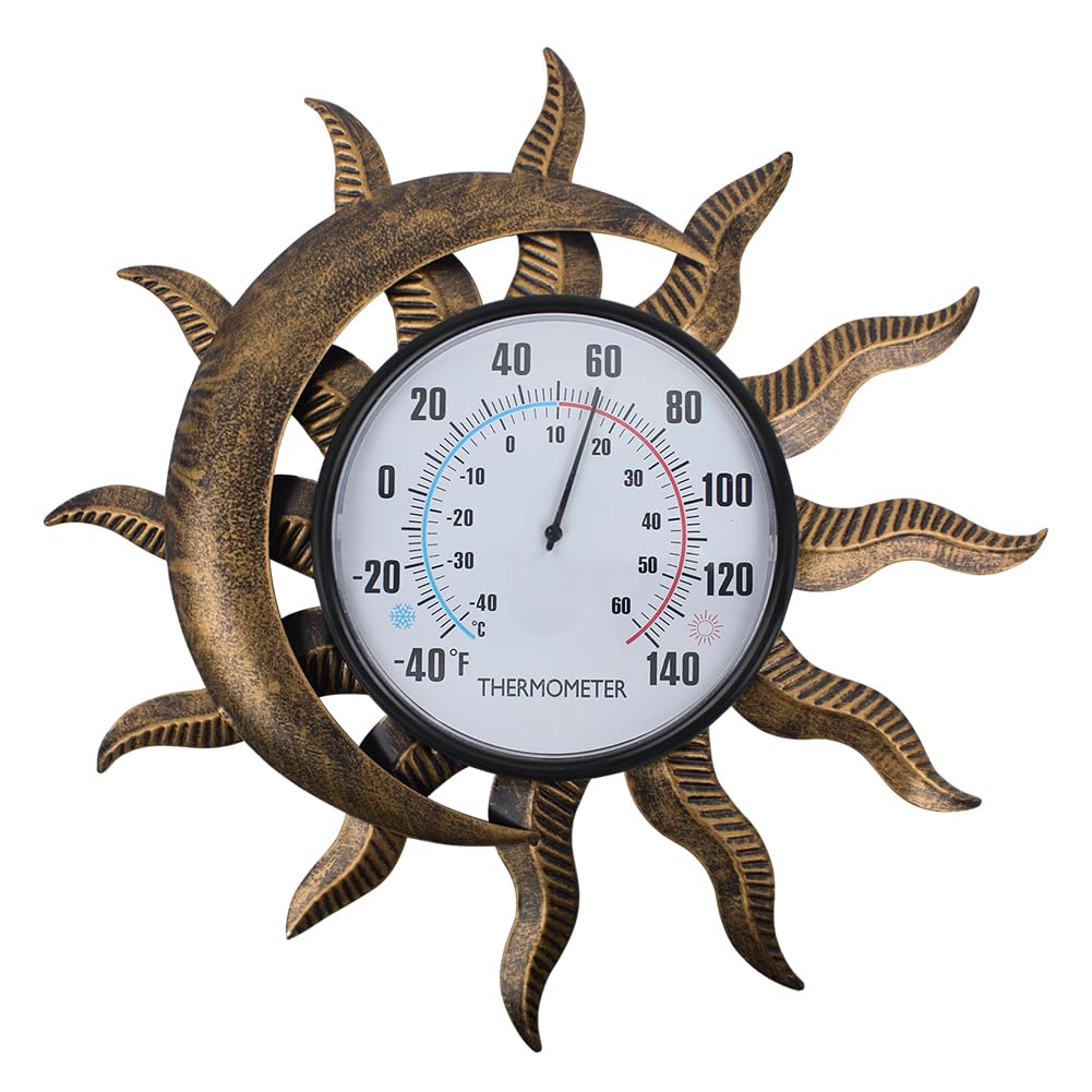VEWOGIFT 14-inch sun-moon outdoor thermometer on a patio wall showing temperature clearly
