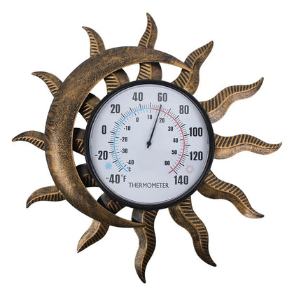 VEWOGIFT 14-inch sun-moon outdoor thermometer on a patio wall showing temperature clearly