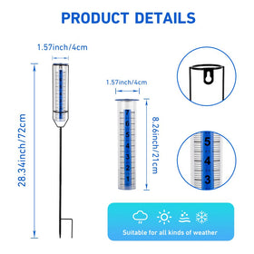 VEWOGIFT rain gauge features blue scale and metal frame for durable outdoor use.
