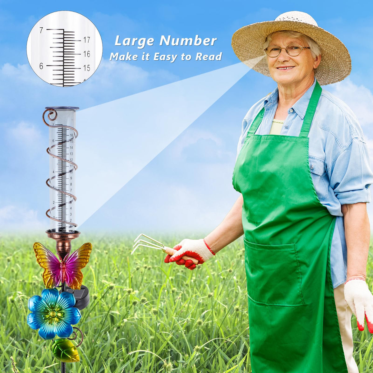 VEWOGIFT blue decorative gauge doubles as ornament and rainfall monitor.