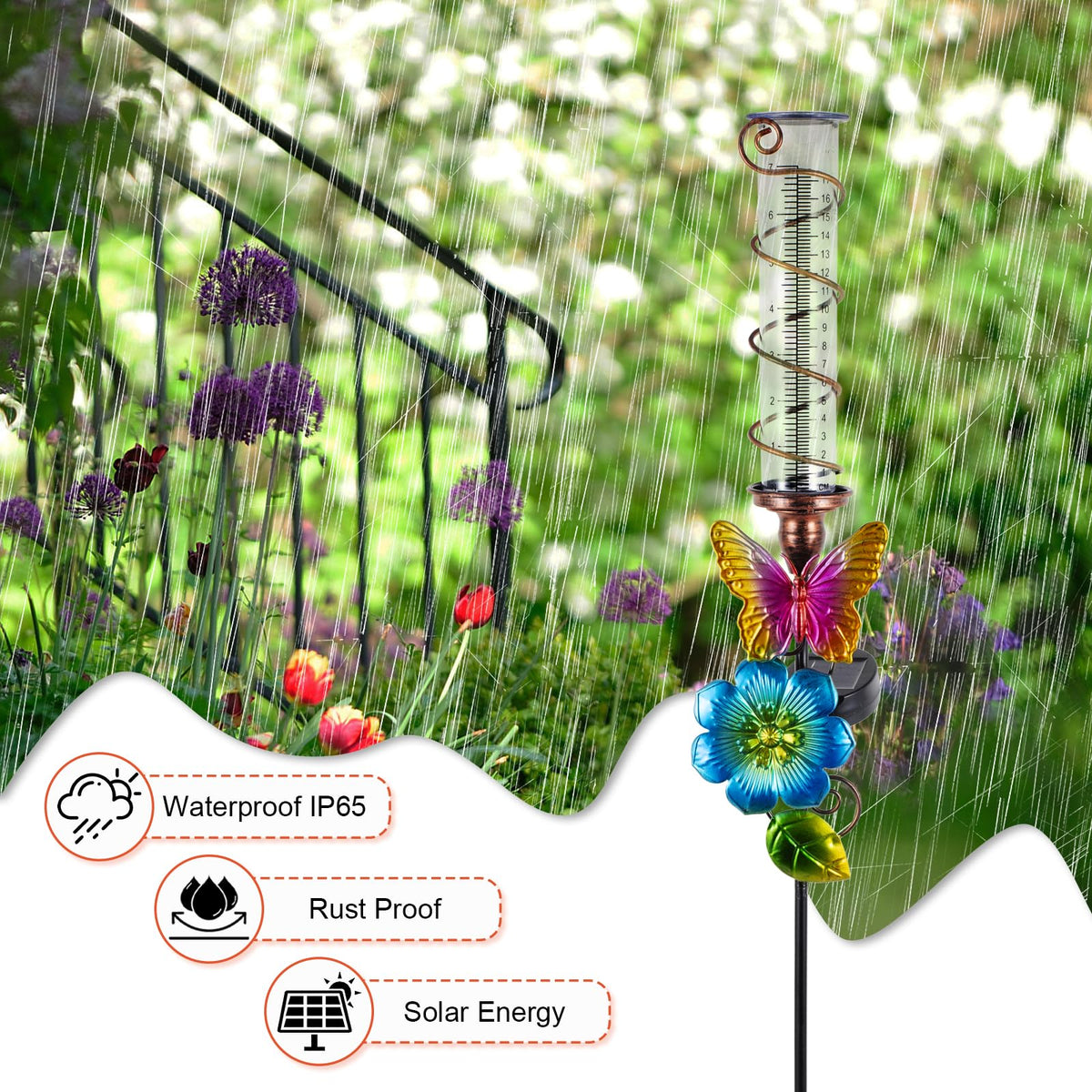 VEWOGIFT solar rain gauge glows at night for effortless nighttime readings.