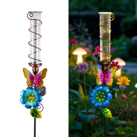 VEWOGIFT rain gauge with solar panel and LED light for year round garden visibility.