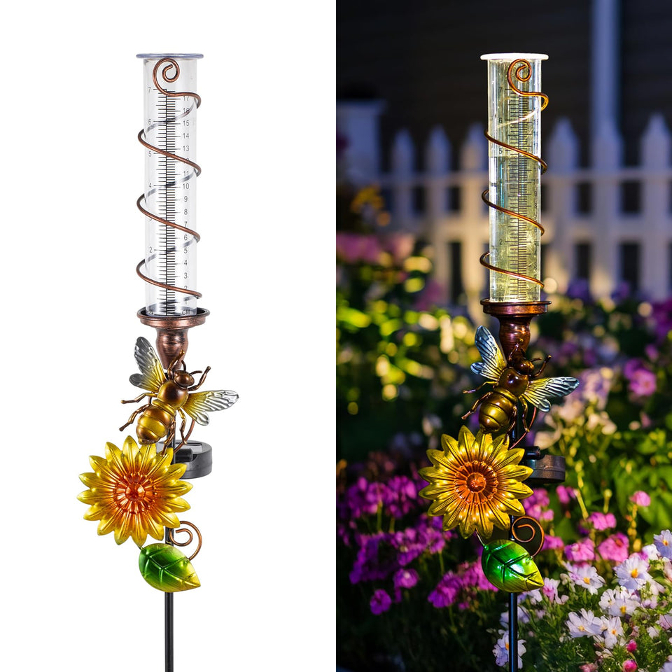 VEWOGIFT rain gauge outdoor with solar LED for daytime charging and night illumination