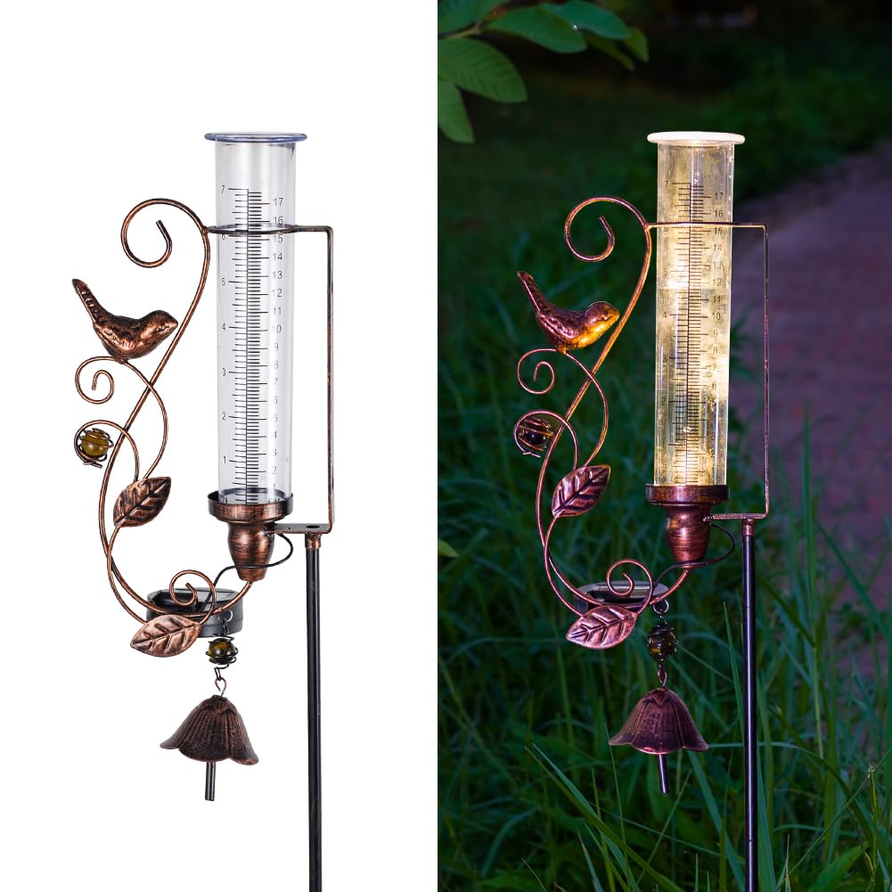 vewolight rain gauge outdoor with solar bird and bell for garden ambiance