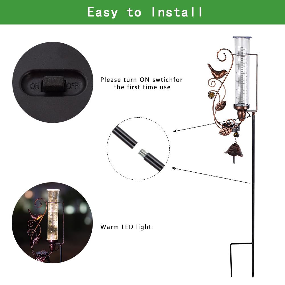 vewolight solar-powered garden rain gauge lights at night after switch on