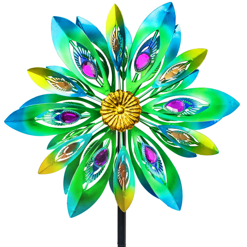 VEWOSTAR 53 inch wind spinner peacock blades spinning for a vibrant garden focal point.