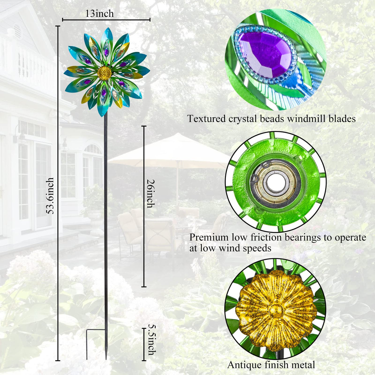 Colorful beads and spinning blades create a sparkling focal point in your garden.