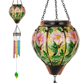 VEWOSTAR hummingbird wind chimes with balloon lanterns for garden ambiance.