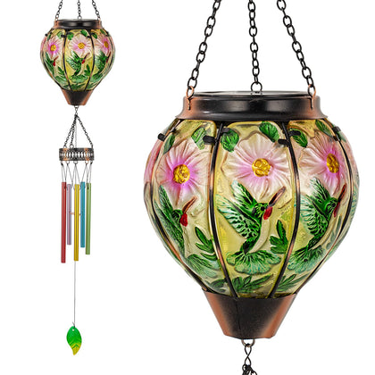 VEWOSTAR hummingbird wind chimes with balloon lanterns for garden ambiance.