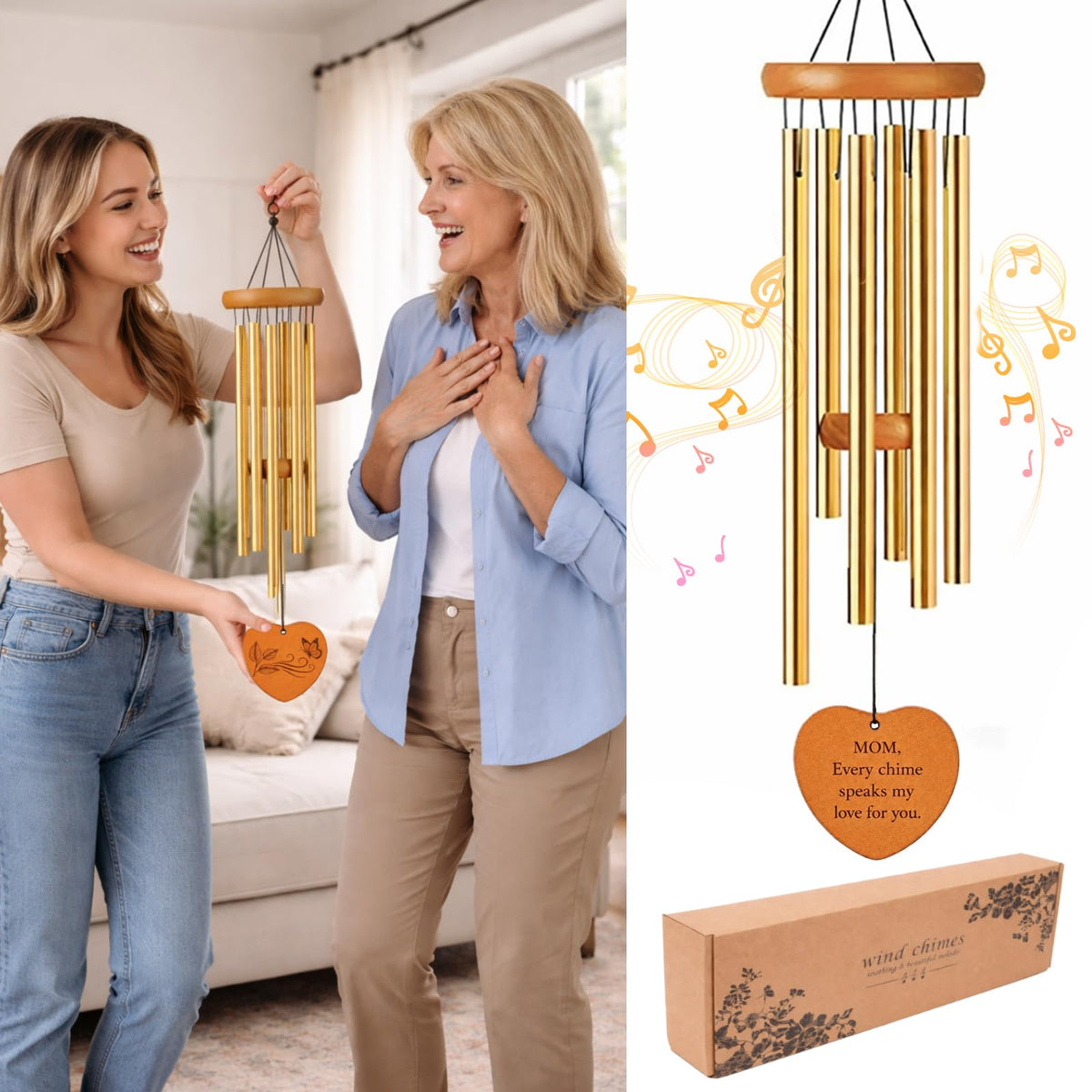 Vexillum wind chime close-up showcases warm words for calm, inviting spaces