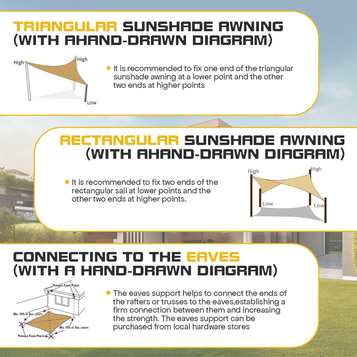 Vexoria sun shade surface design aids water drainage and pooling prevention
