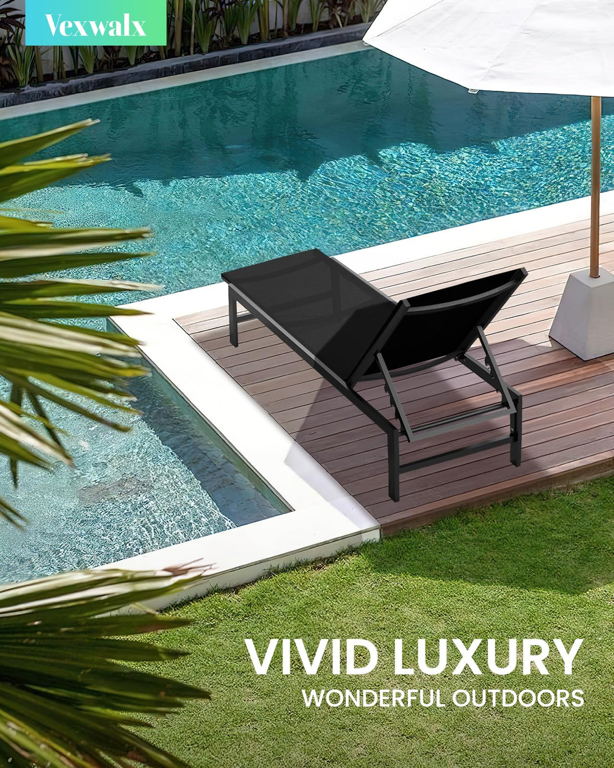 Vexwalx aluminum chaise with 5-position recline for reading or sunbathing.