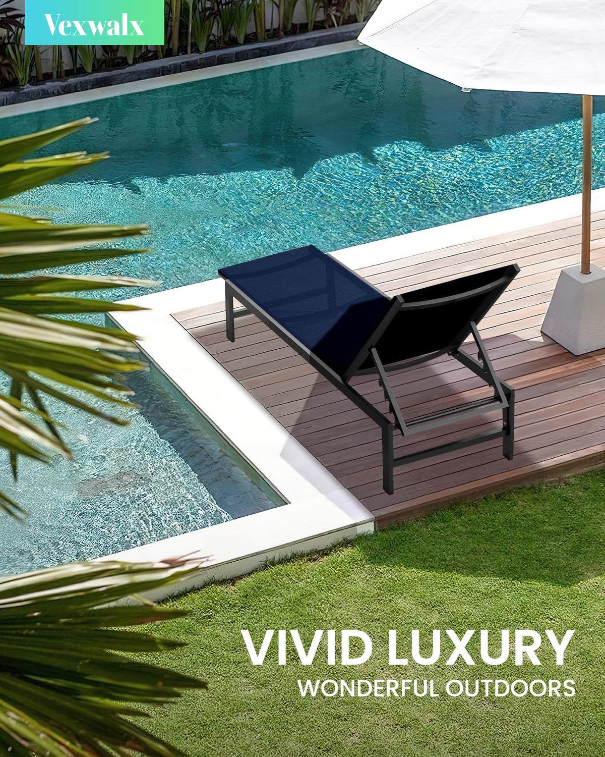 Vexwalx outdoor lounge chair navy blue recline position shows adjustable comfort