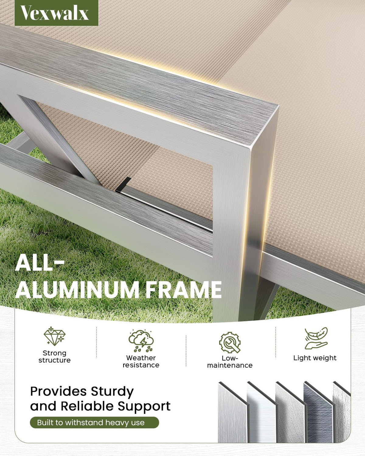 Vexwalx patio chaise with aluminum frame for durable, weather-ready outdoor seating.