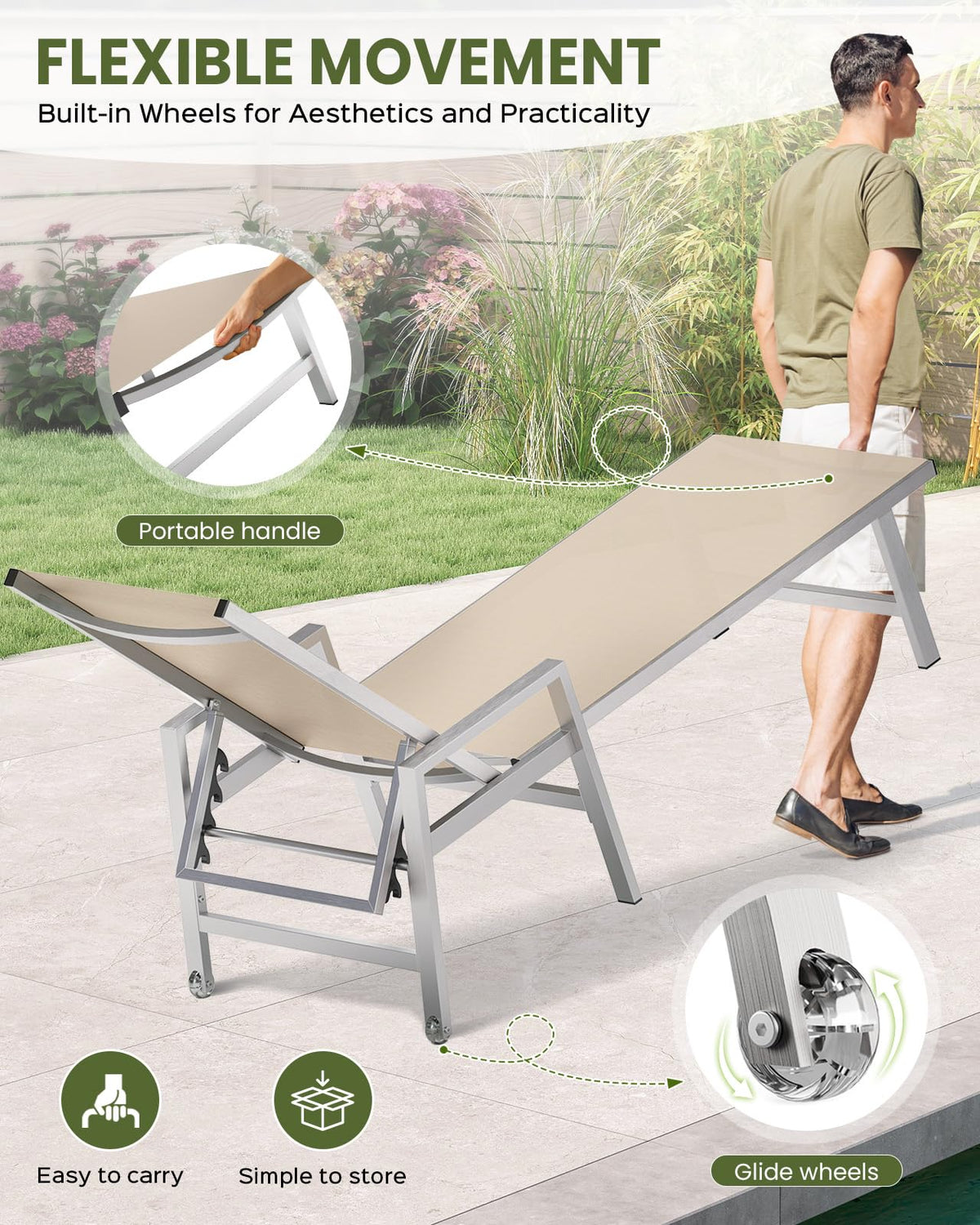 Vexwalx chaise wheels in action; effortless mobility across patios and pool decks.