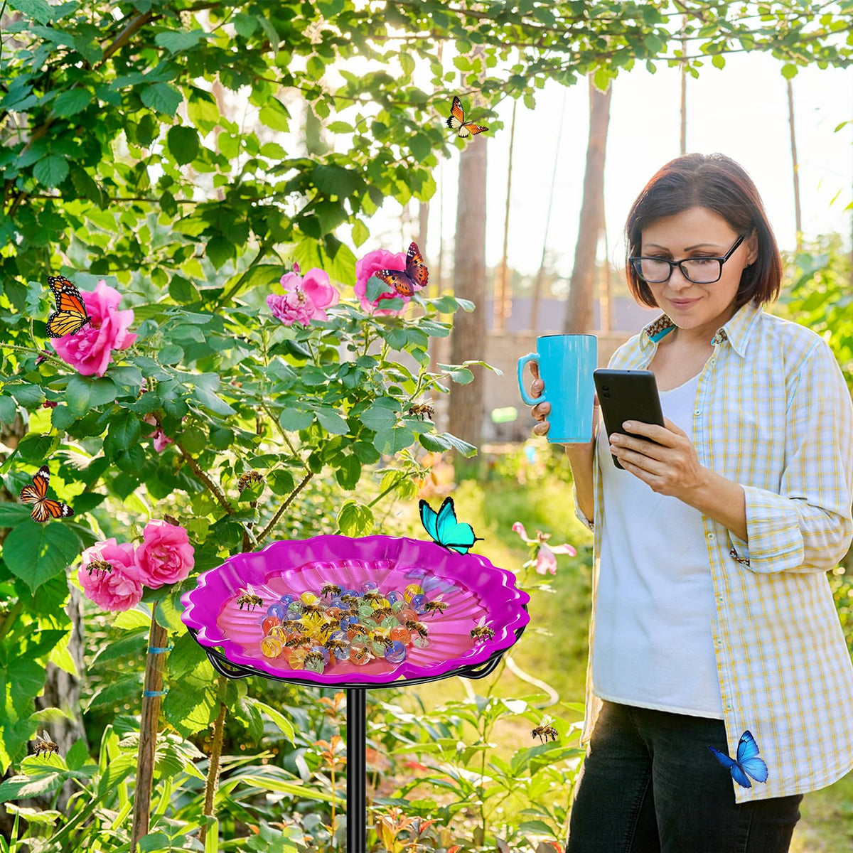 Bright garden decor attracts bees and butterflies for a lively outdoor space.