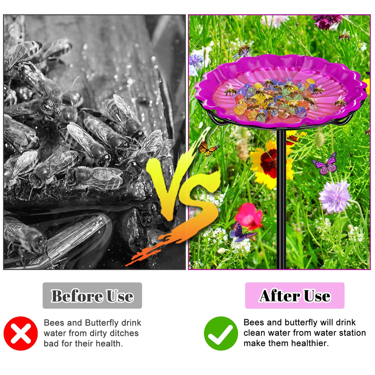 Flower-design bee waterer adds color and attraction to the yard.