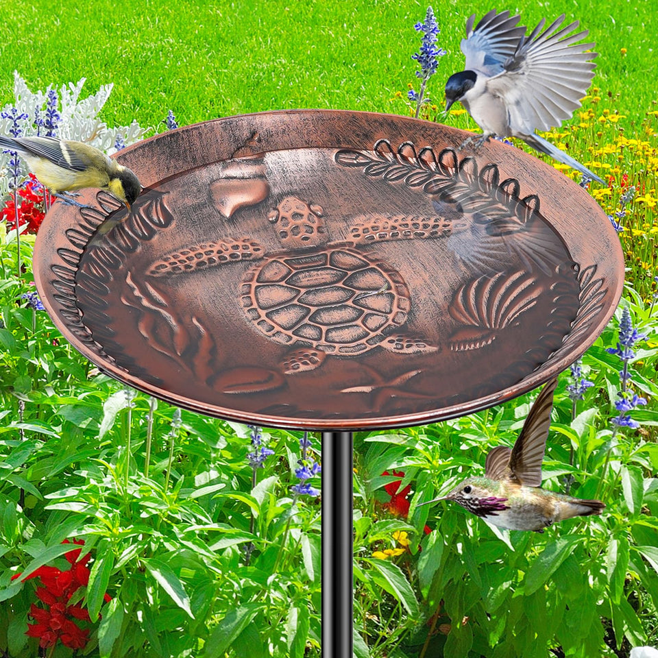 VeyFolzin.st bird bath in vintage copper finish attracts birds to garden