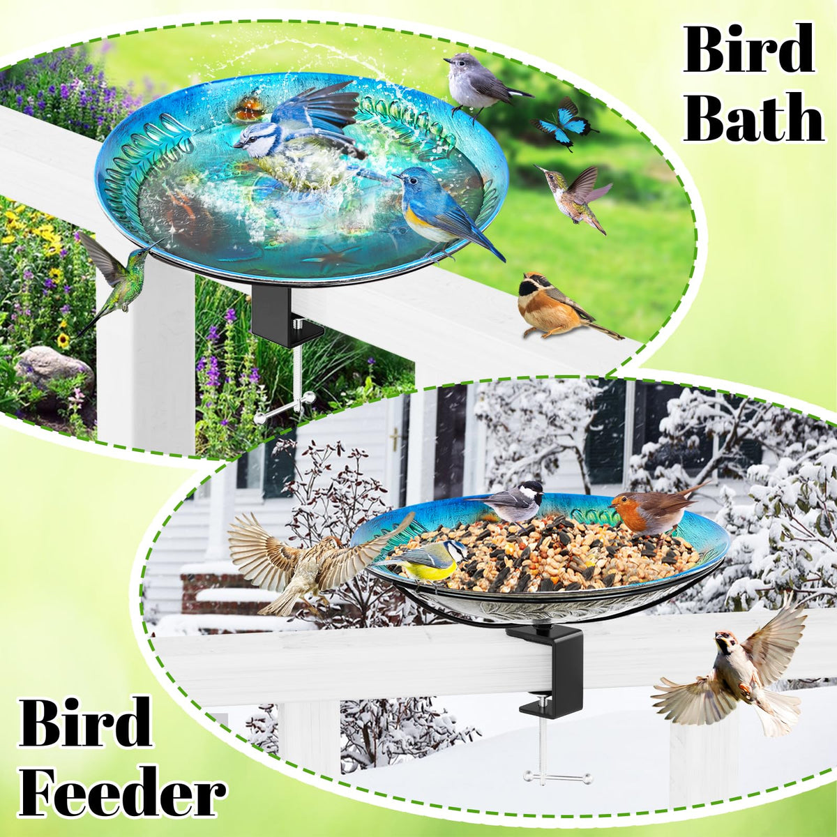 Sturdy metal clamp keeps the birdbath securely attached to a deck railing
