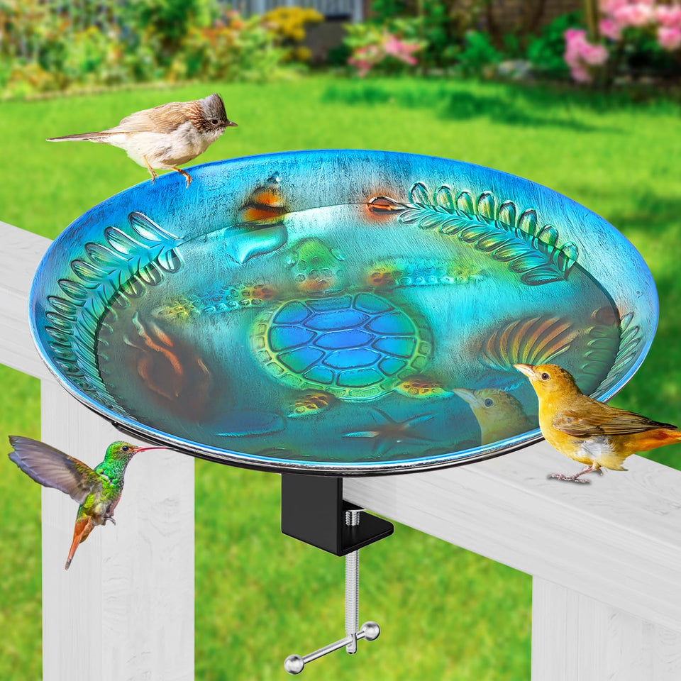 VeyFolzin.st deck-mounted birdbath with ocean blue turtle design attracts garden birds