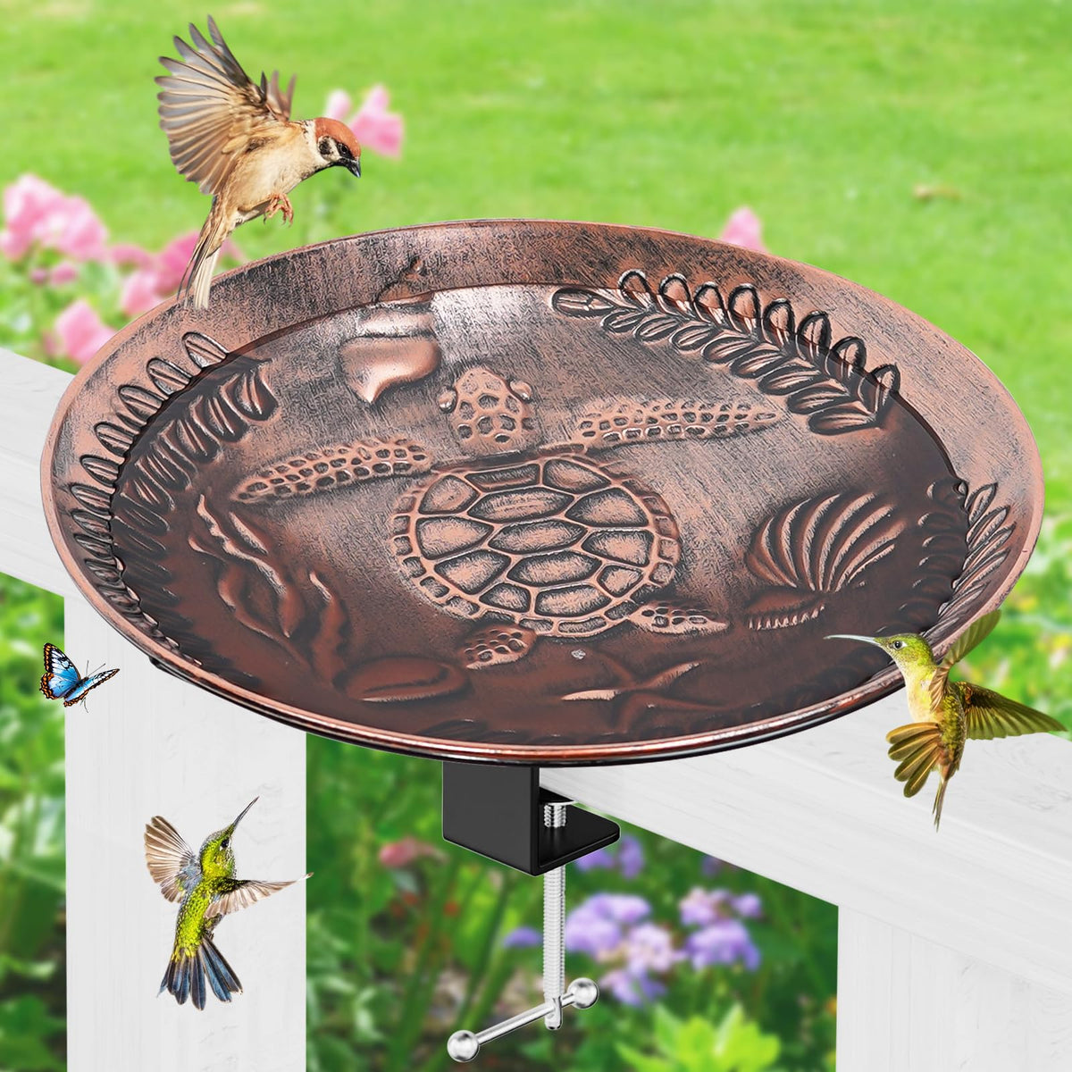 VeyFolzin.st deck-mounted birdbath in vintage copper turtle attracts birds to your patio.