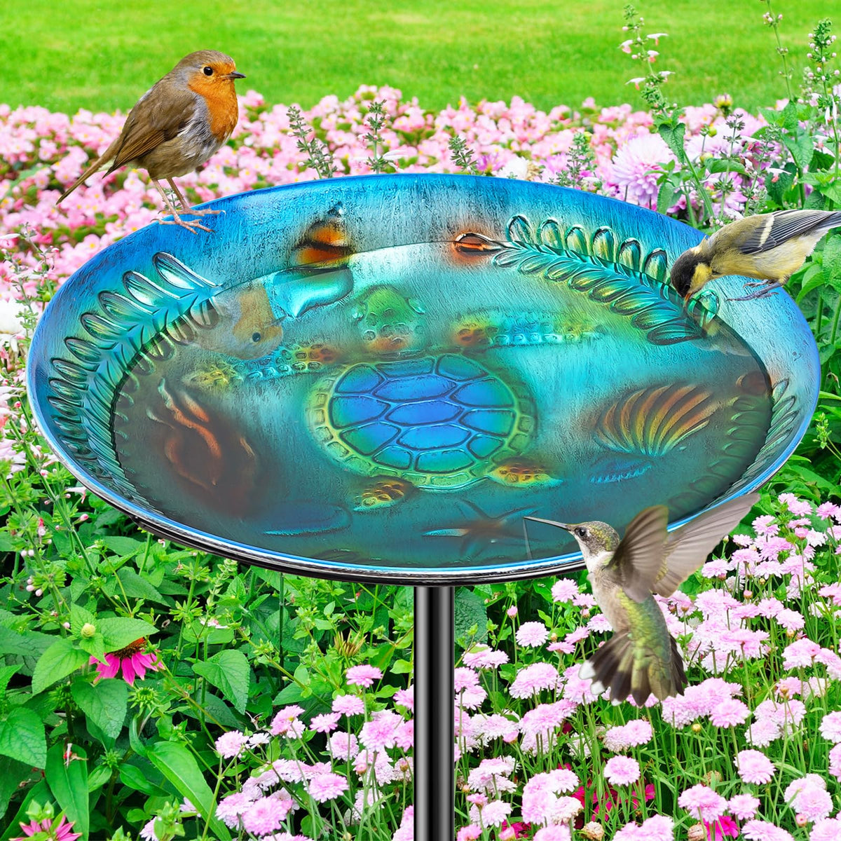 VeyFolzin.st blue metal bird bath with sea turtle relief attracts birds