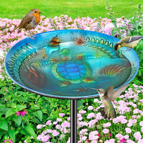 VeyFolzin.st blue metal bird bath with sea turtle relief attracts birds