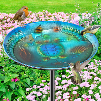 VeyFolzin.st blue metal bird bath with sea turtle relief attracts birds