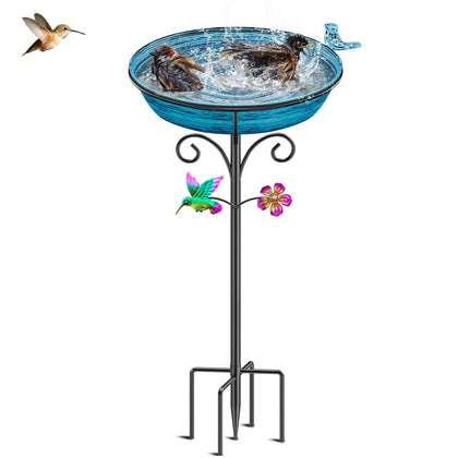 VeyFolzin.st metal bird bath outdoors with a shallow bowl for birds to drink and bathe.
