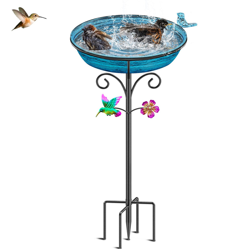 VeyFolzin.st metal bird bath outdoors with a shallow bowl for birds to drink and bathe.