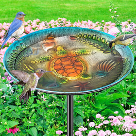 VeyFolzin.st metal bird bath sea turtle relief highlights garden decor and bird attraction.