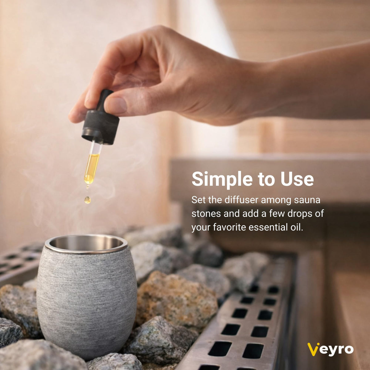 Veyro sauna diffuser steel insert detail highlights heat resistance.