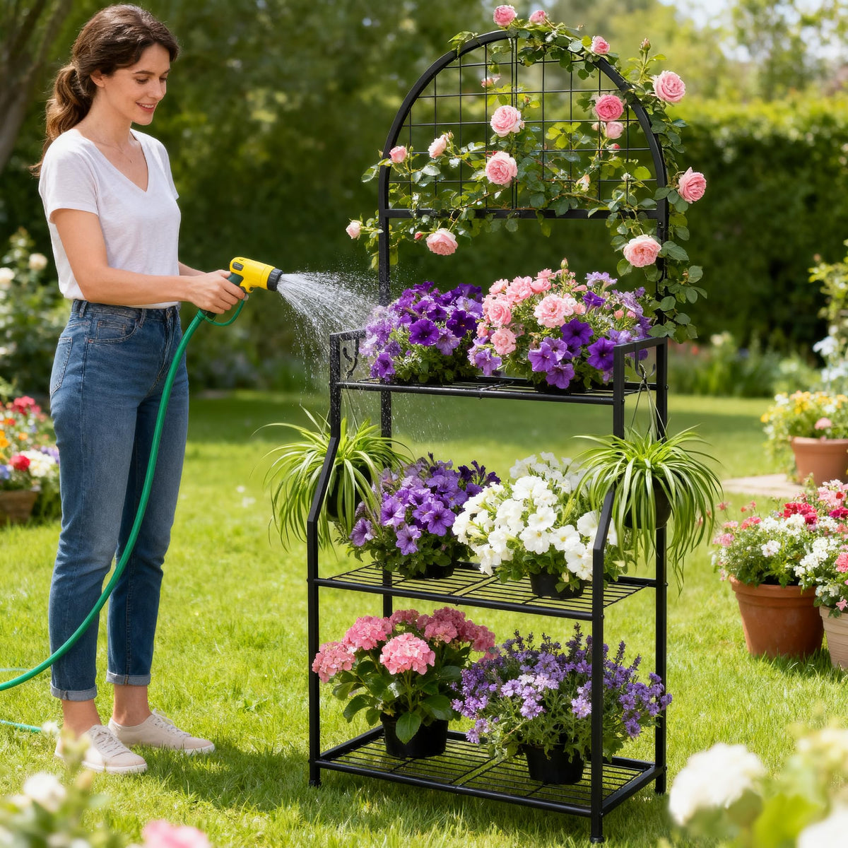 VGMiu multiuse plant storage rack doubles as kitchen or entryway shelf.