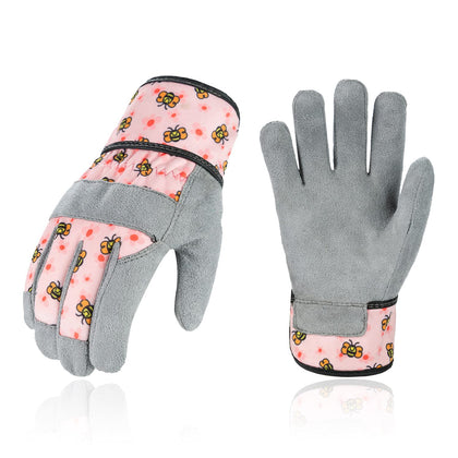 Vgo kid gloves pink bee front view for safe outdoor play and light gardening.