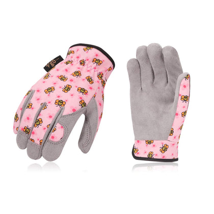 Vgo kids gardening gloves pink bee front view with comfortable fit for planting