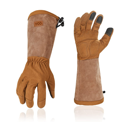 Vgo... men's extra-long leather gardening gloves with adjustable gauntlet for secure fit.