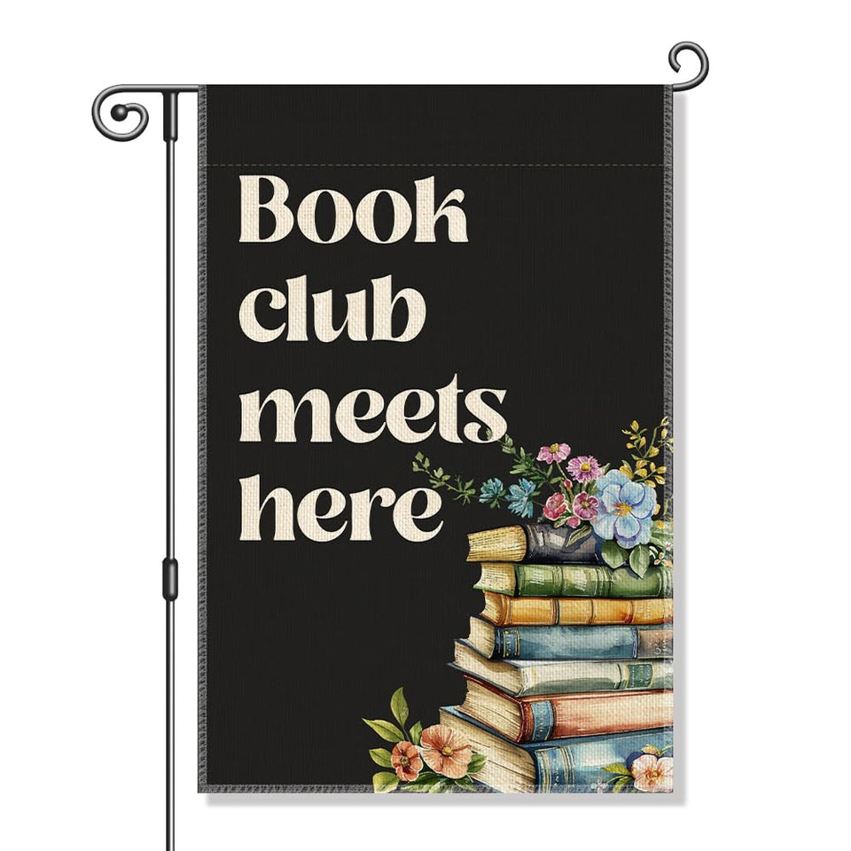 Vgrti Book Club Meets Here garden flag front design welcomes guests with bookish charm.