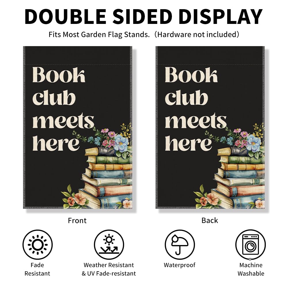 Vgrti Book Club Meets Here garden flag weatherproof polyester withstands sun and rain.