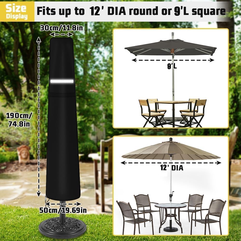 Viadom umbrella cover features reflective handles for easy placement and night storage.