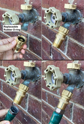 Vibrant Yard brass regulator in use on a garden hose setup providing steady pressure.